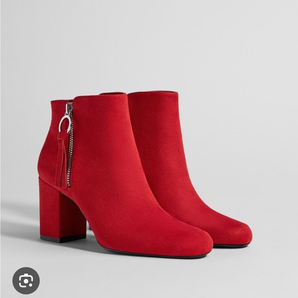 Bershka Red Ankle Boots with Chunky Heel